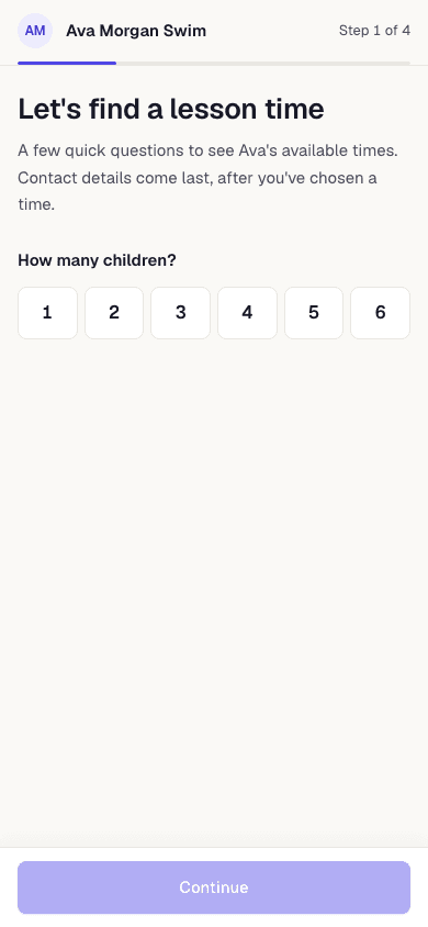 A parent's booking page on a phone: 'Let's find a lesson time', asking how many children.