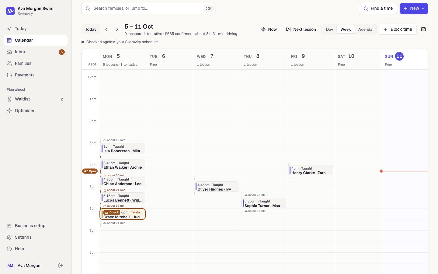 A week calendar with lessons and estimated drive times between them