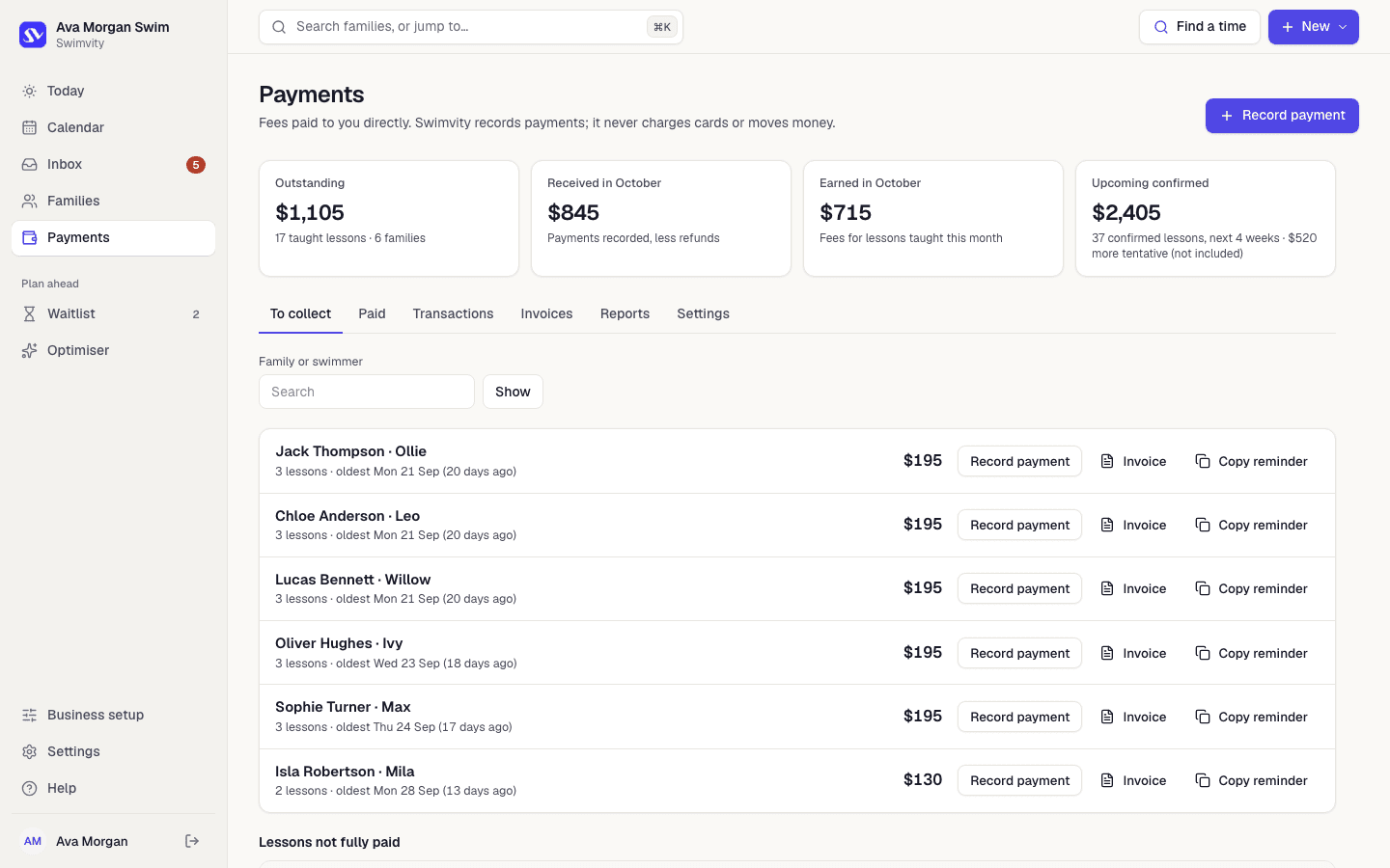 Payments: who owes for which lessons, with Record payment, Invoice and Copy reminder for each family