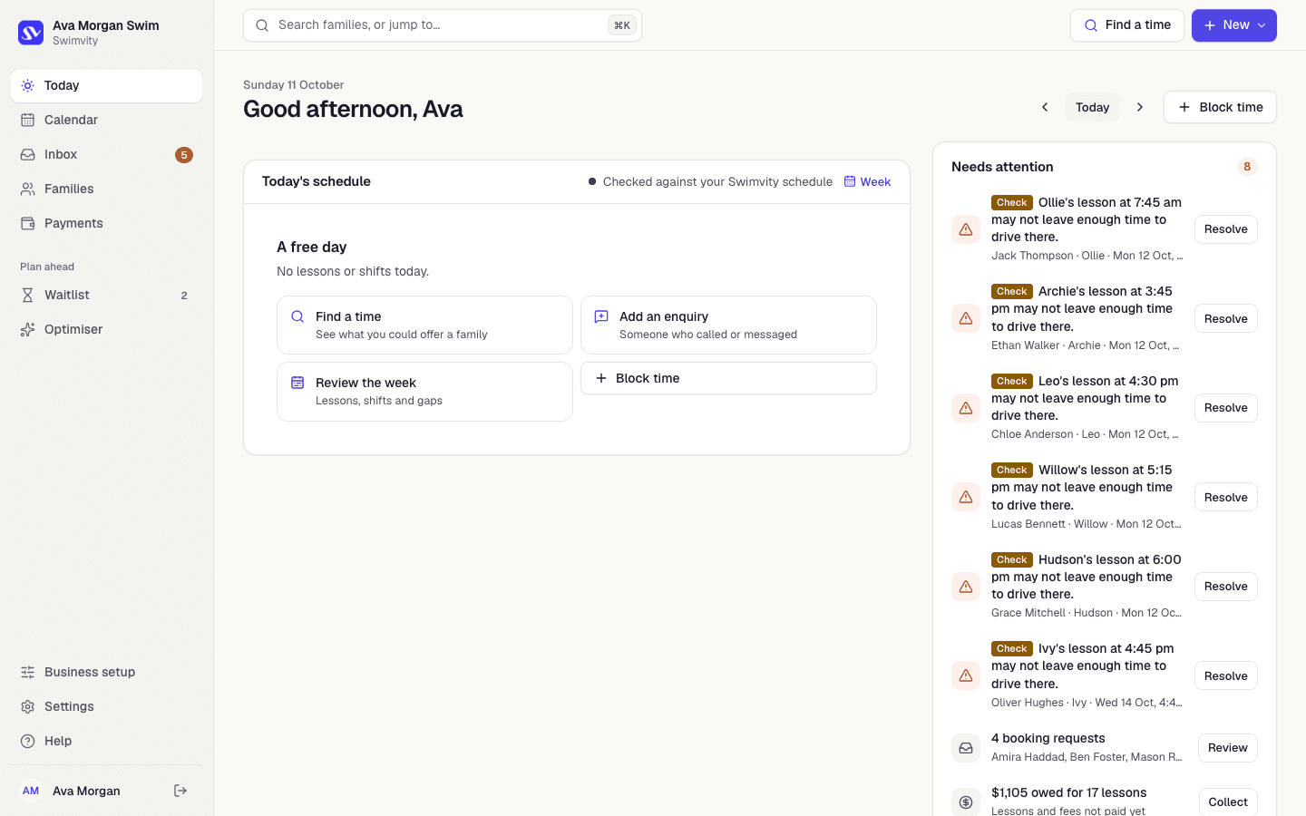 Swimvity's Today screen: today's schedule with quick actions, and a Needs attention list with lessons that may not leave enough time to drive there, booking requests and money owed.